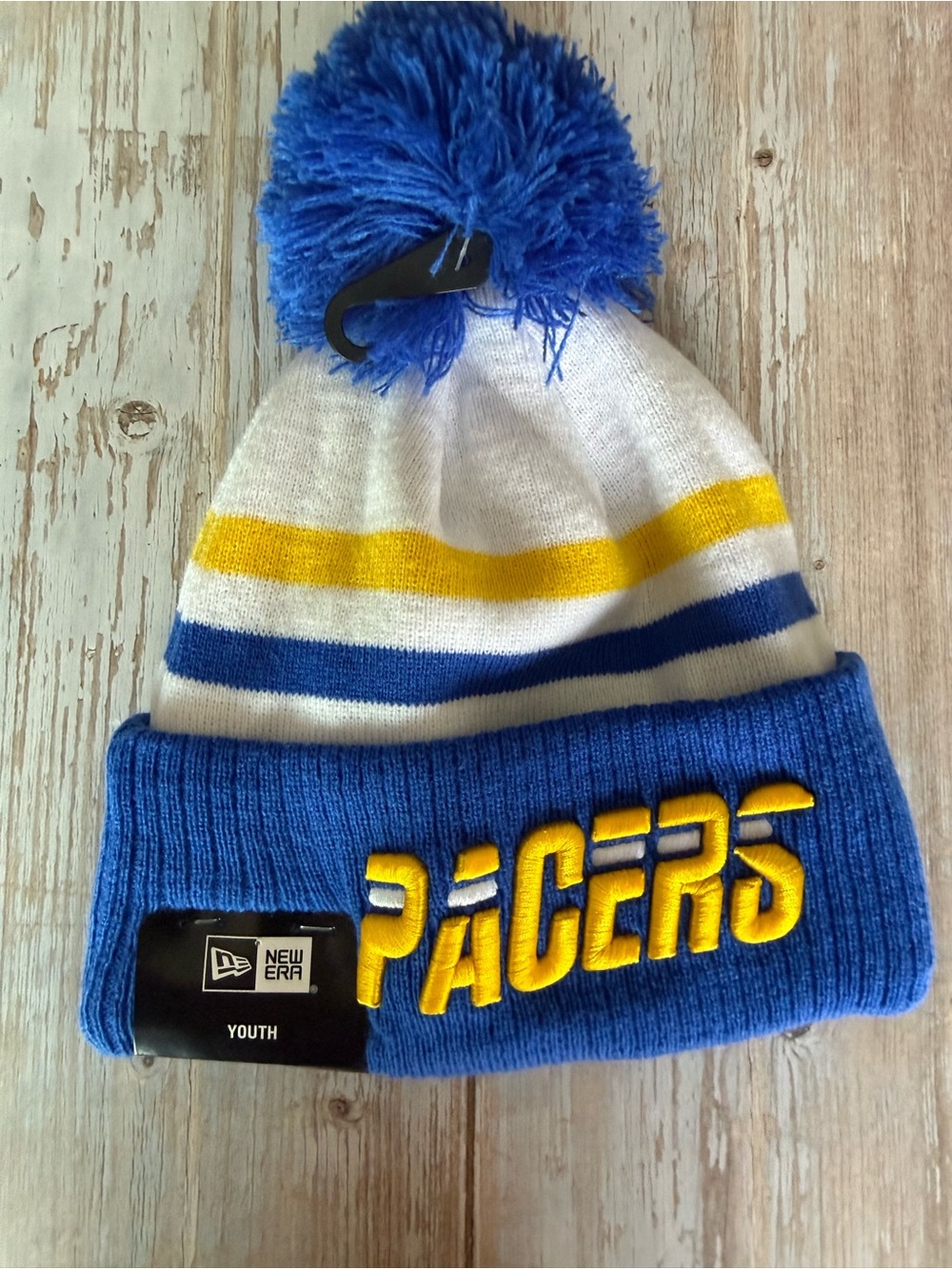 NWT New Era NBA Indiana Pacers Knit Youth Beanie Hat w/ Pom Blue/White/Yellow